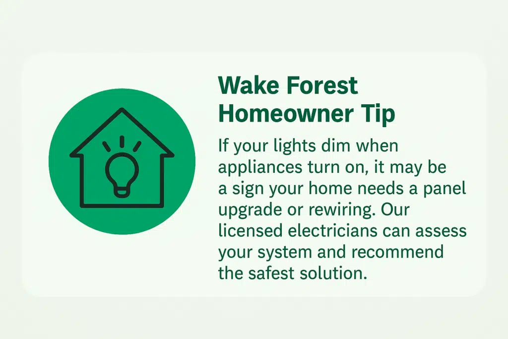 Wake Forest homeowner tip graphic warning dimming lights may signal need for panel upgrade or rewiring by electricians