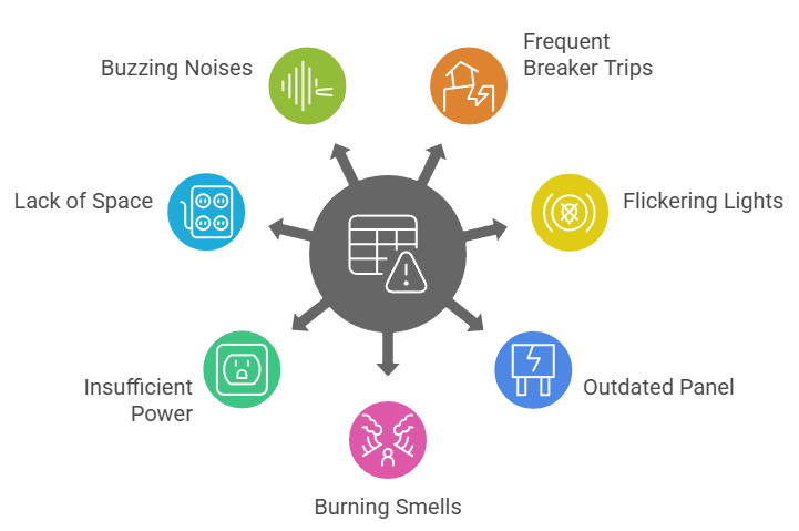 An infographic showing signs of a faulty electrical panel. A central icon of a panel with a warning symbol points to seven issues: Buzzing Noises, Frequent Breaker Trips, Flickering Lights, Outdated Panel, Burning Smells, Insufficient Power, and Lack of Space.