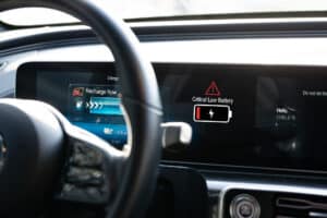 Electric vehicle range anxiety concept with low battery indicator on car dashboard